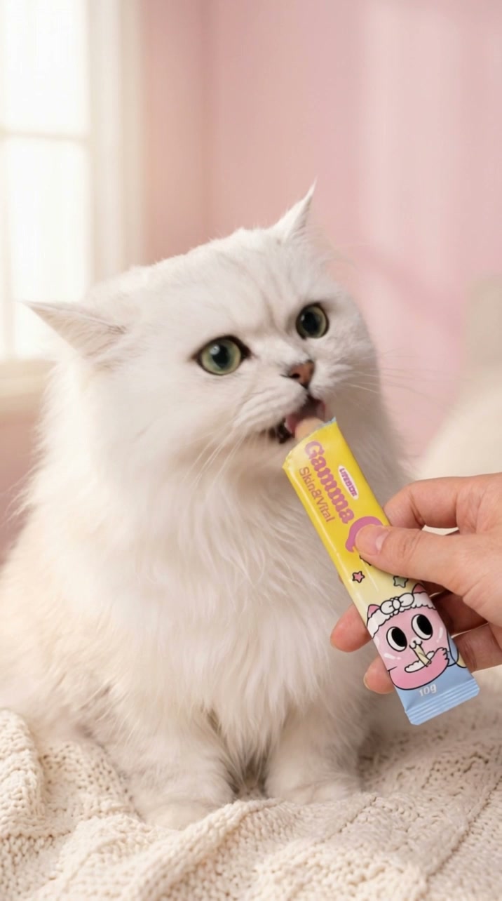 스틱 영양제를 먹는 고양이